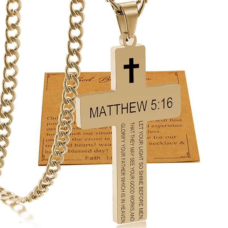Stainless Steel Bible Verse Cross Necklace for Men with Cuban Chain