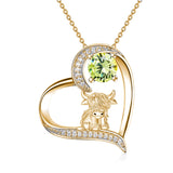14K Gold 12 Months Birthstone Highland Cow Pendant Necklace