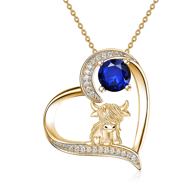 14K Gold 12 Months Birthstone Highland Cow Pendant Necklace