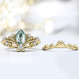 Sterling Silver Personalized  Engraved Pear Cut Moss Agate Engagement Wedding Ring Set for Women