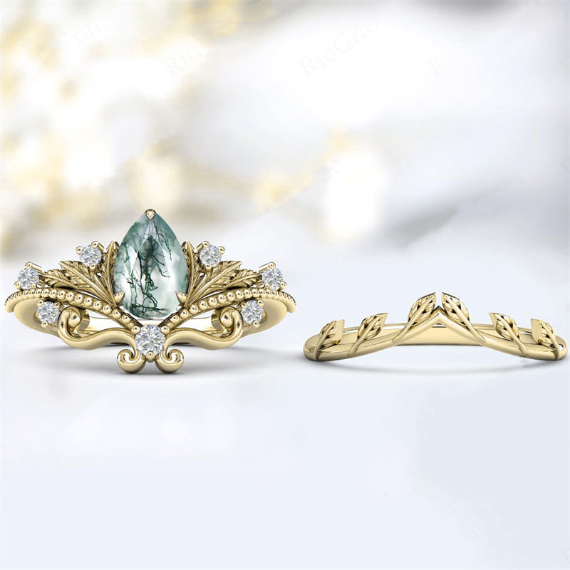 Sterling Silver Personalized  Engraved Pear Cut Moss Agate Engagement Wedding Ring Set for Women