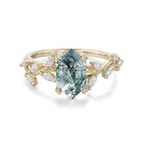 Sterling Silver 10K 14K 18K 2CT Natural Moss Agate Leaf Engagement Wedding Promise Rings Set