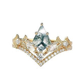 Sterling Silver Personalized Engraved 10K 14K 18K Gold Kite Moss Agate Bridal Promise Wedding Ring Set