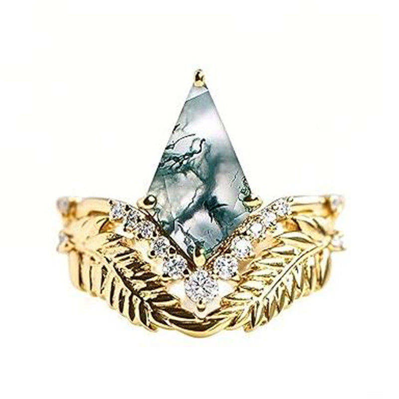 Sterling Silver Personalized Engraved 10K 14K 18K Gold Kite Moss Agate Bridal Promise Wedding Ring Set