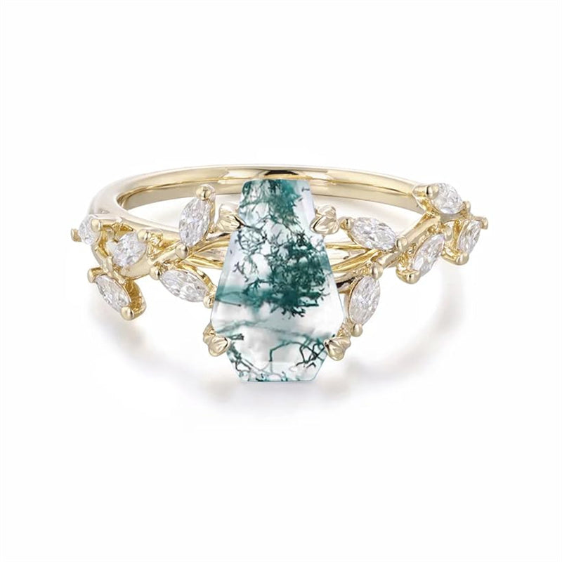 Sterling Silver 10K 14K 18K 2CT Natural Moss Agate Leaf Engagement Wedding Promise Rings Set