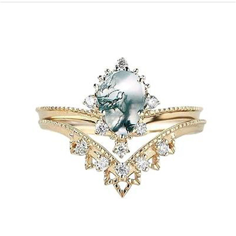 Sterling Silver Personalized Engraved 10K 14K 18K Gold Kite Moss Agate Bridal Promise Wedding Ring Set