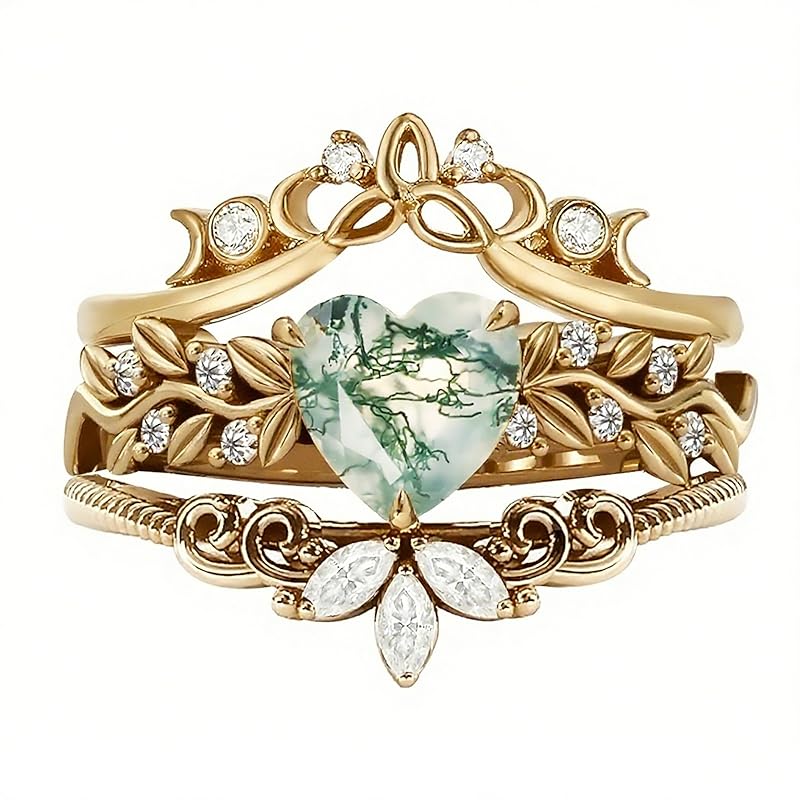 Sterling Silver Black Heart Moss Agate Engagement Wedding Ring Set for Women