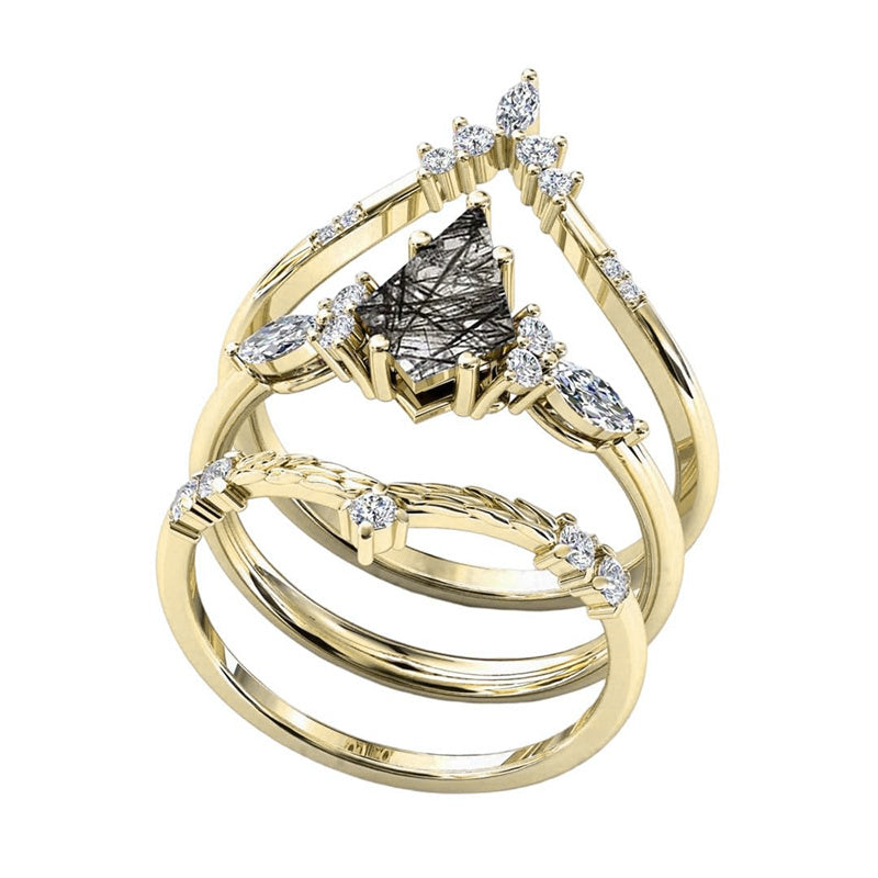 Sterling Silver 10K 14K 18K Personalized Engraved 2CT Natural Black Rutilated Quartz Engagement Ring Set