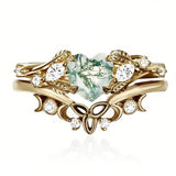 Sterling Silver Black Heart Moss Agate Engagement Wedding Ring Set for Women