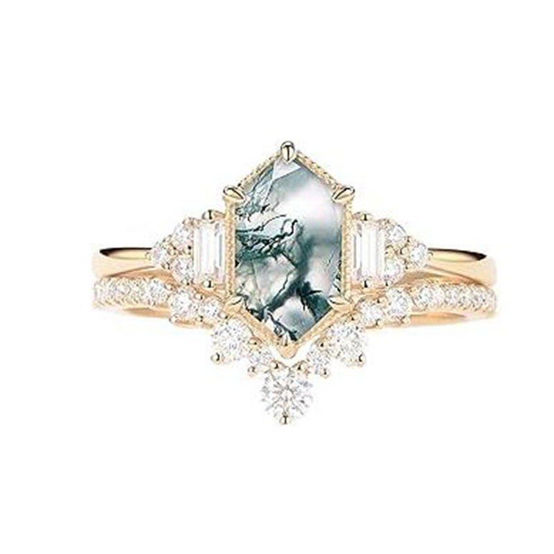 Sterling Silver Personalized Engraved 10K 14K 18K Gold Kite Moss Agate Bridal Promise Wedding Ring Set