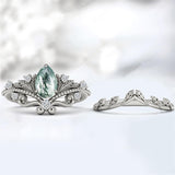 Sterling Silver Personalized  Engraved Pear Cut Moss Agate Engagement Wedding Ring Set for Women