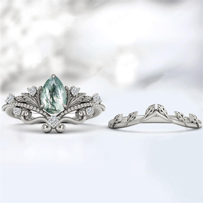 Sterling Silver Personalized  Engraved Pear Cut Moss Agate Engagement Wedding Ring Set for Women