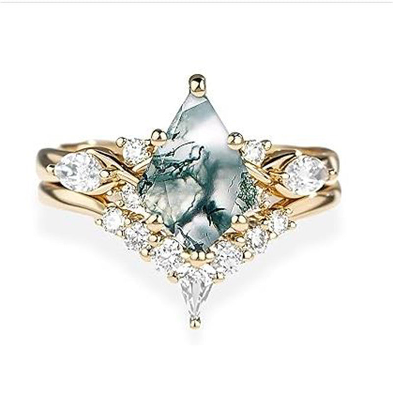 Sterling Silver Personalized Engraved 10K 14K 18K Gold Kite Moss Agate Bridal Promise Wedding Ring Set