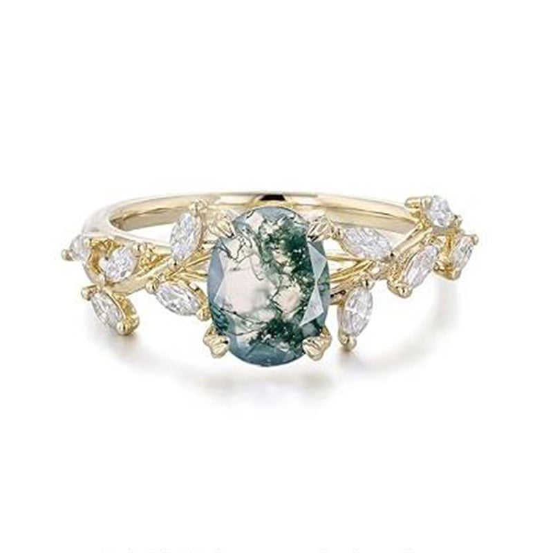 Sterling Silver 10K 14K 18K 2CT Natural Moss Agate Leaf Engagement Wedding Promise Rings Set