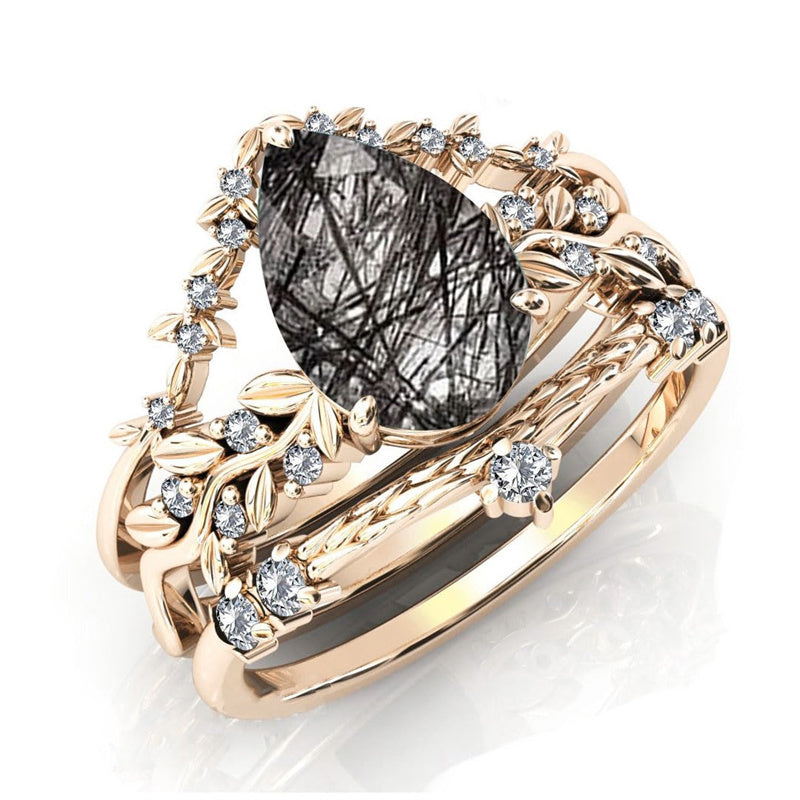 Sterling Silver 10K 14K 18K Personalized Engraved 2CT Natural Black Rutilated Quartz Engagement Ring Set