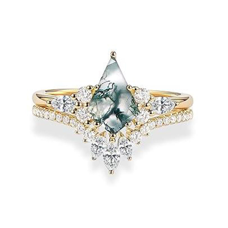 Sterling Silver Personalized Engraved 10K 14K 18K Gold Kite Moss Agate Bridal Promise Wedding Ring Set