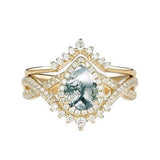 Sterling Silver Personalized Engraved 10K 14K 18K Gold Kite Moss Agate Bridal Promise Wedding Ring Set