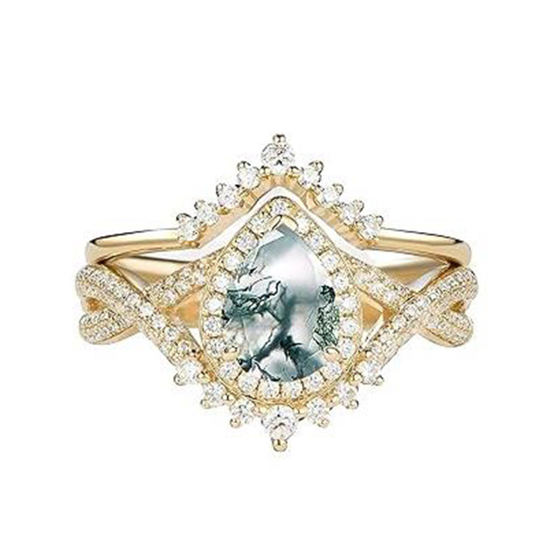 Sterling Silver Personalized Engraved 10K 14K 18K Gold Kite Moss Agate Bridal Promise Wedding Ring Set