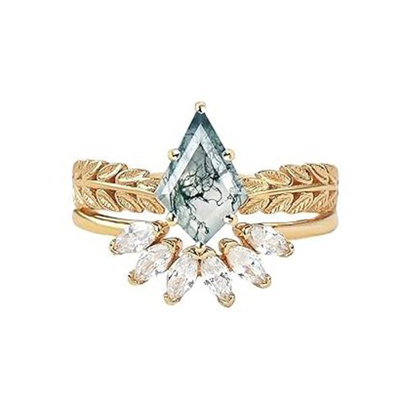 Sterling Silver Personalized Engraved 10K 14K 18K Gold Kite Moss Agate Bridal Promise Wedding Ring Set
