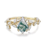 Sterling Silver 10K 14K 18K 2CT Natural Moss Agate Leaf Engagement Wedding Promise Rings Set