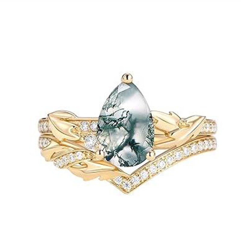 Sterling Silver Personalized Engraved 10K 14K 18K Gold Kite Moss Agate Bridal Promise Wedding Ring Set