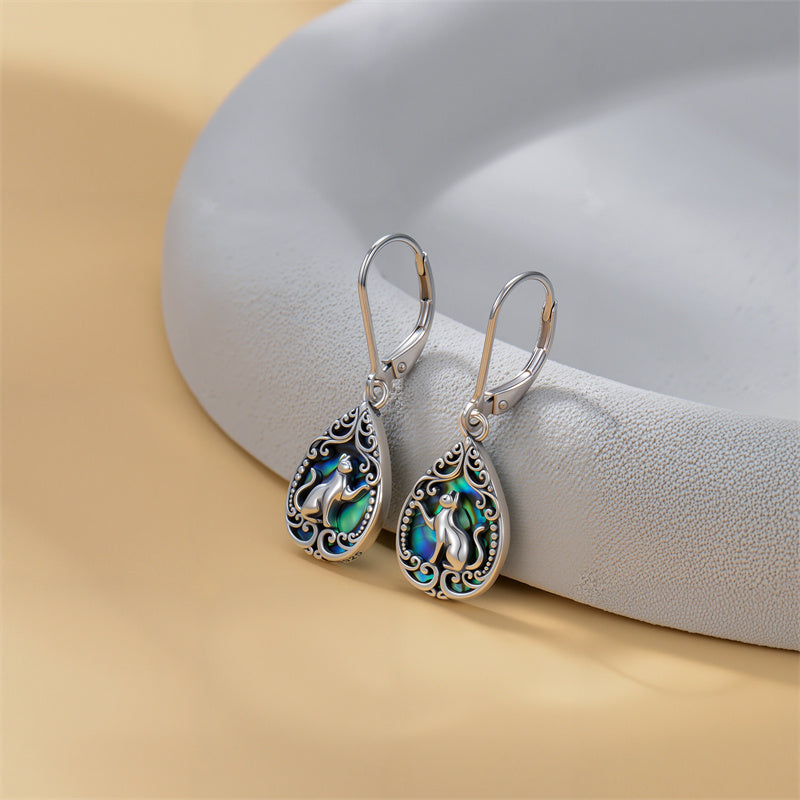 Sterling Silver Abalone Shell Filigree Cat Leverback Earrings 