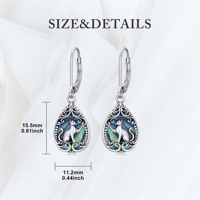 Sterling Silver Abalone Shell Filigree Cat Leverback Earrings 