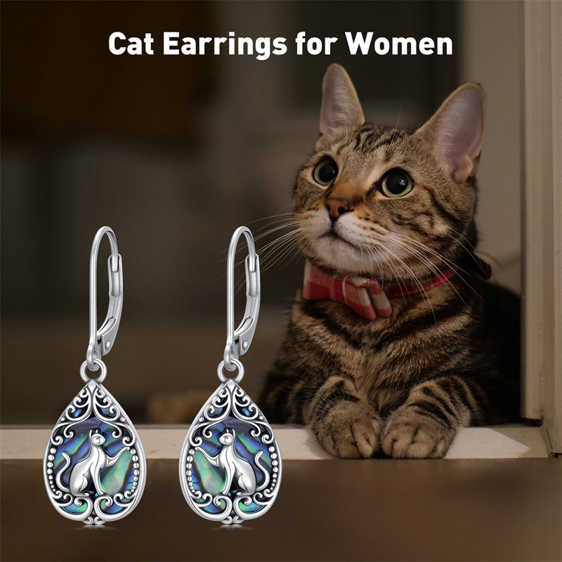 Sterling Silver Abalone Shell Filigree Cat Leverback Earrings 