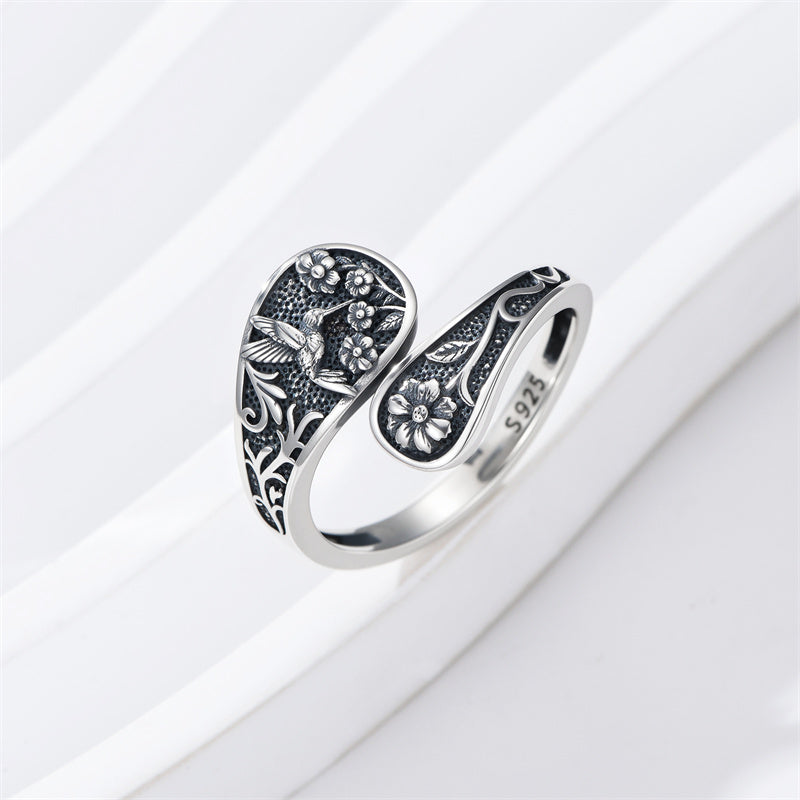 Sterling Silver Hummingbird Flower Adjustable Spoon Ring
