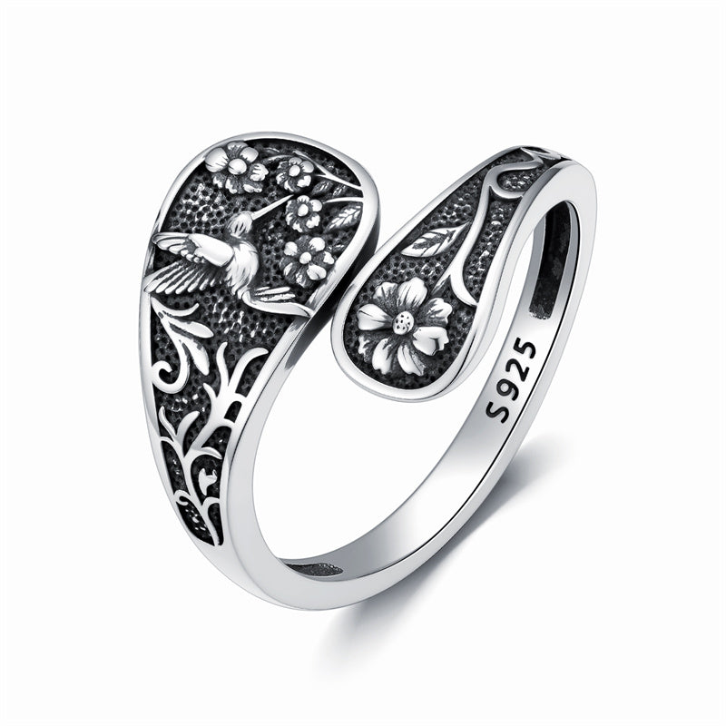 Sterling Silver Hummingbird Flower Adjustable Spoon Ring