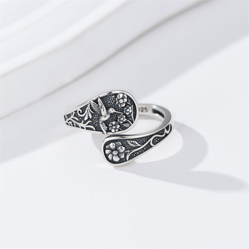 Sterling Silver Hummingbird Flower Adjustable Spoon Ring