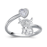Sterling Silver Heart Birthstone Personalized Engraved Highland Cow Adjustable Ring