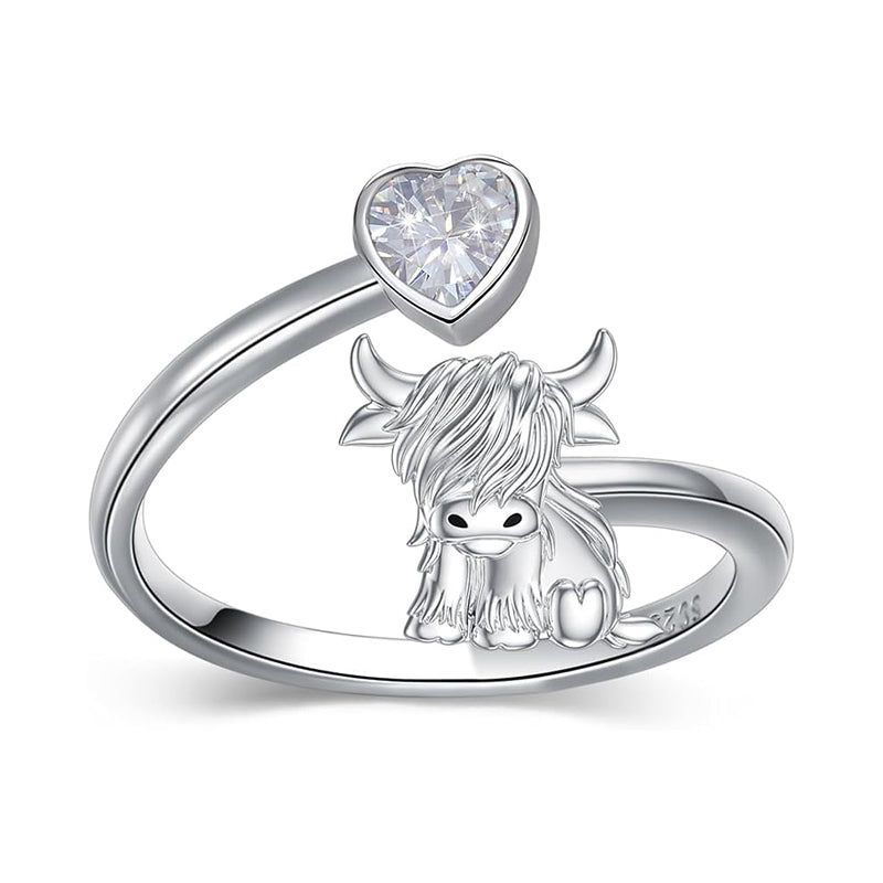 Sterling Silver Heart Birthstone Personalized Engraved Highland Cow Adjustable Ring