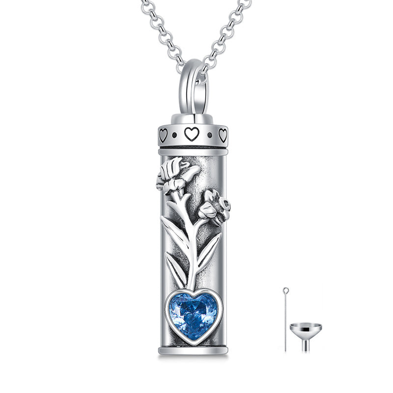 Sterling Silver 12 Birthstone Birth Flower  Urn Necklace for Ashes