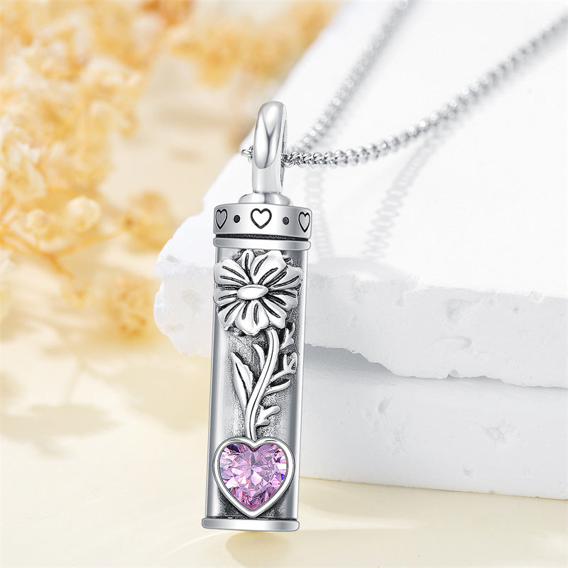 Sterling Silver 12 Birthstone Birth Flower  Urn Necklace for Ashes