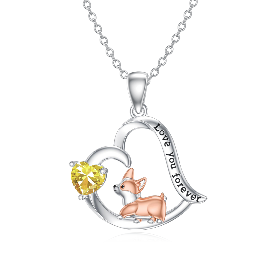 Sterling Silver Birthstone Corgi Pendant Necklace