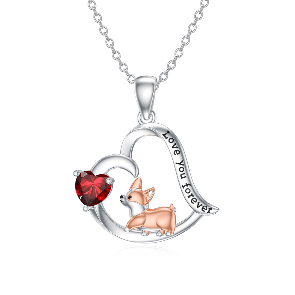 Sterling Silver Birthstone Corgi Pendant Necklace