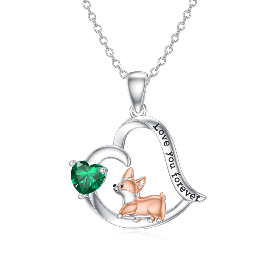 Sterling Silver Birthstone Corgi Pendant Necklace
