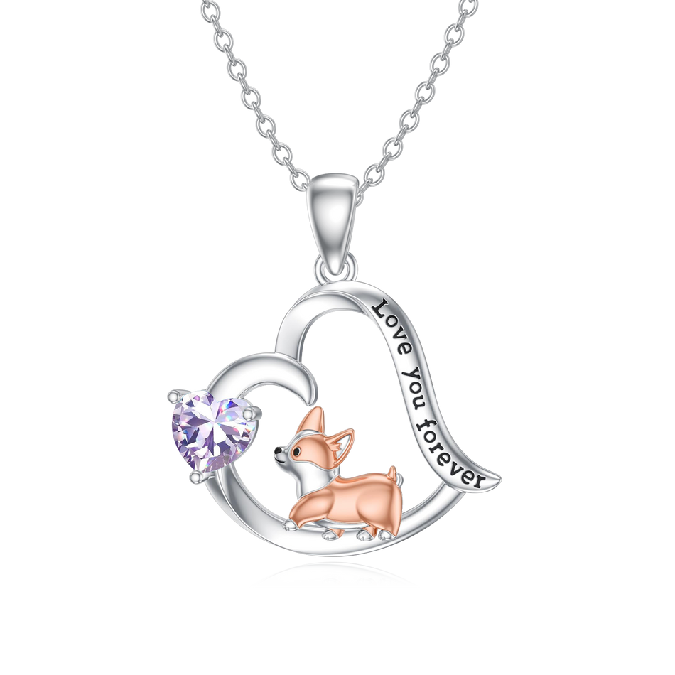 Sterling Silver Birthstone Corgi Pendant Necklace
