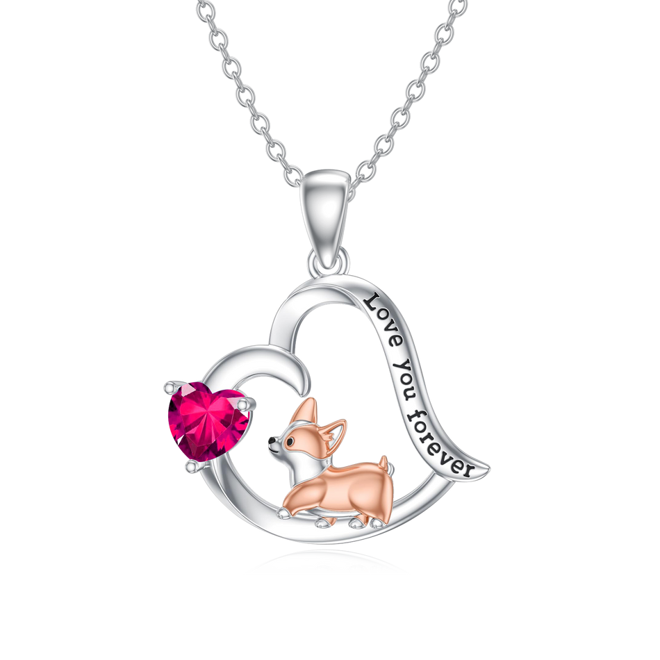 Sterling Silver Birthstone Corgi Pendant Necklace