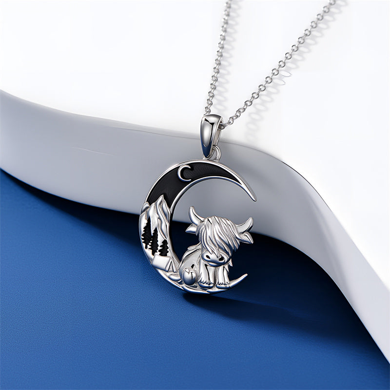 Sterling Silver Mountain Highland Cow Pendant Necklace