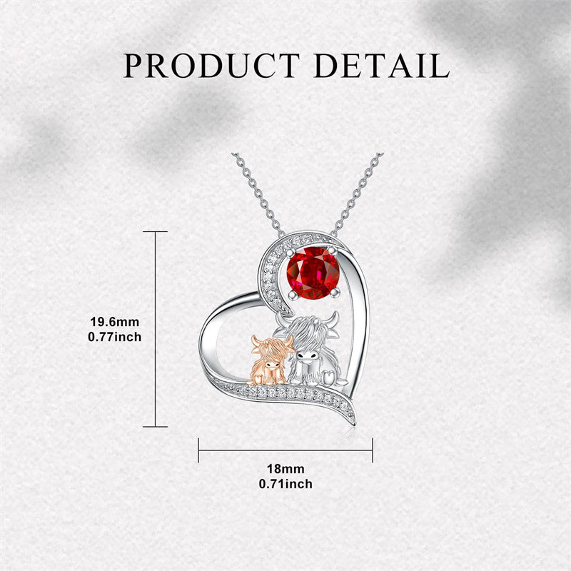 Sterling Silver Birthstone Two Highland Cow Pendant Necklace