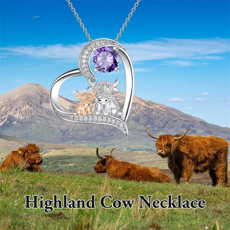 Sterling Silver Birthstone Two Highland Cow Pendant Necklace
