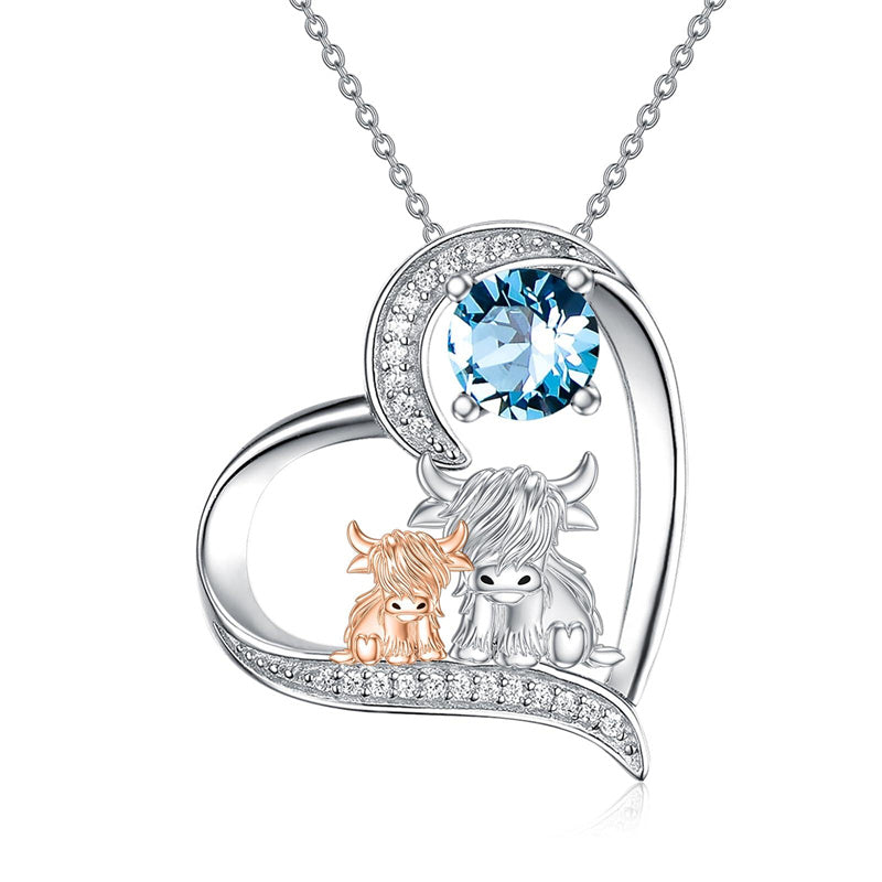 Sterling Silver Birthstone Two Highland Cow Pendant Necklace