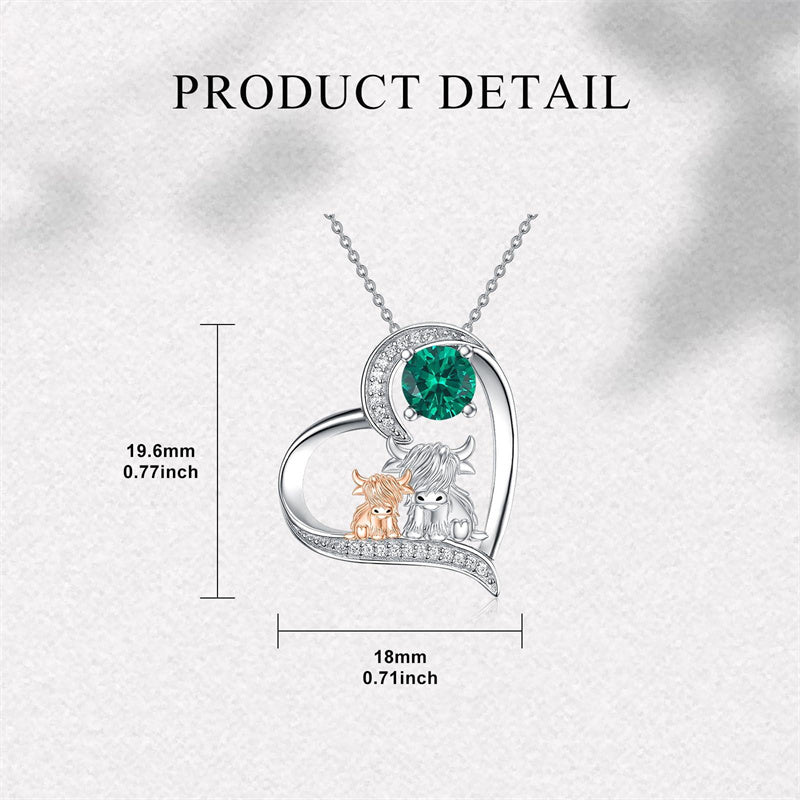 Sterling Silver Birthstone Two Highland Cow Pendant Necklace