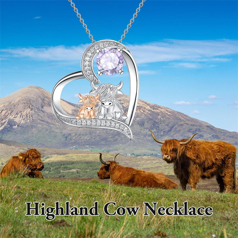 Sterling Silver Birthstone Two Highland Cow Pendant Necklace