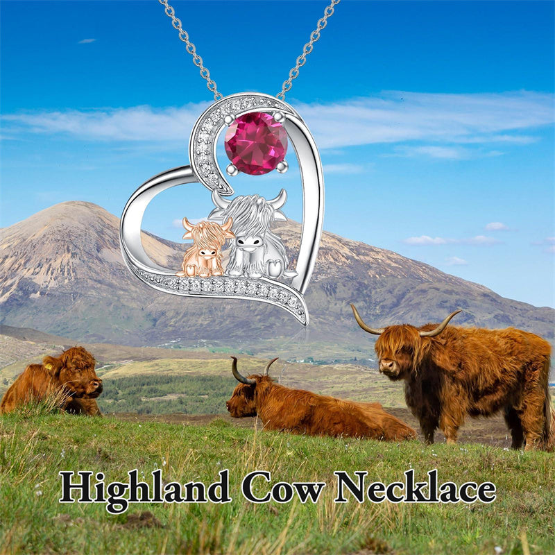 Sterling Silver Birthstone Two Highland Cow Pendant Necklace