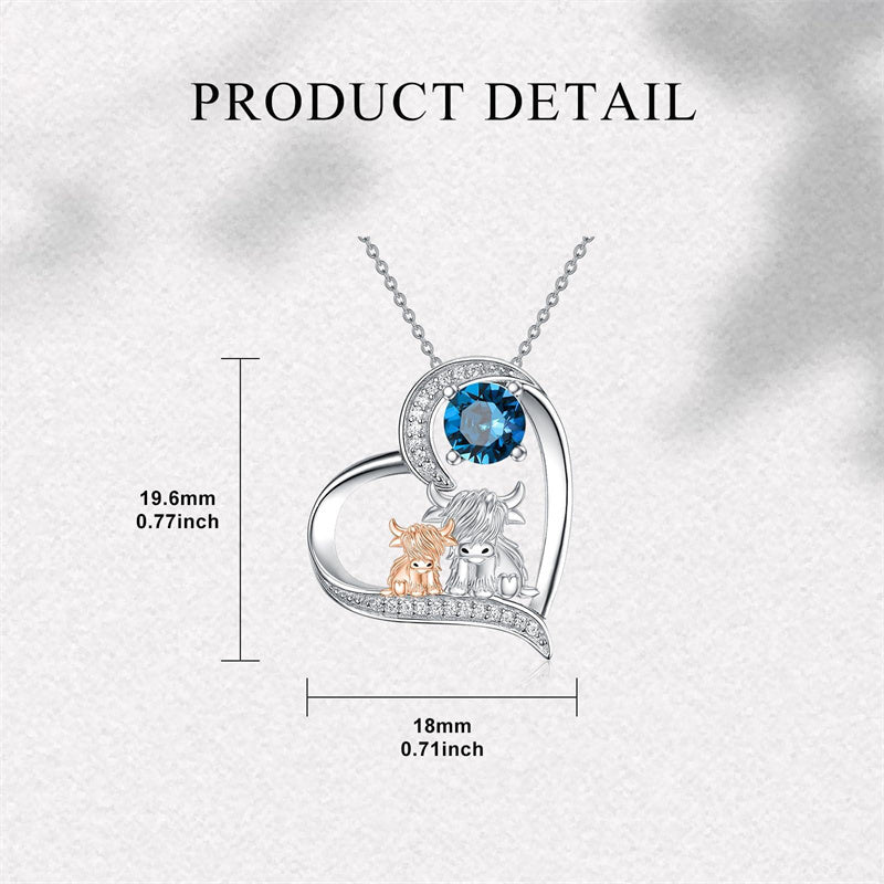 Sterling Silver Birthstone Two Highland Cow Pendant Necklace