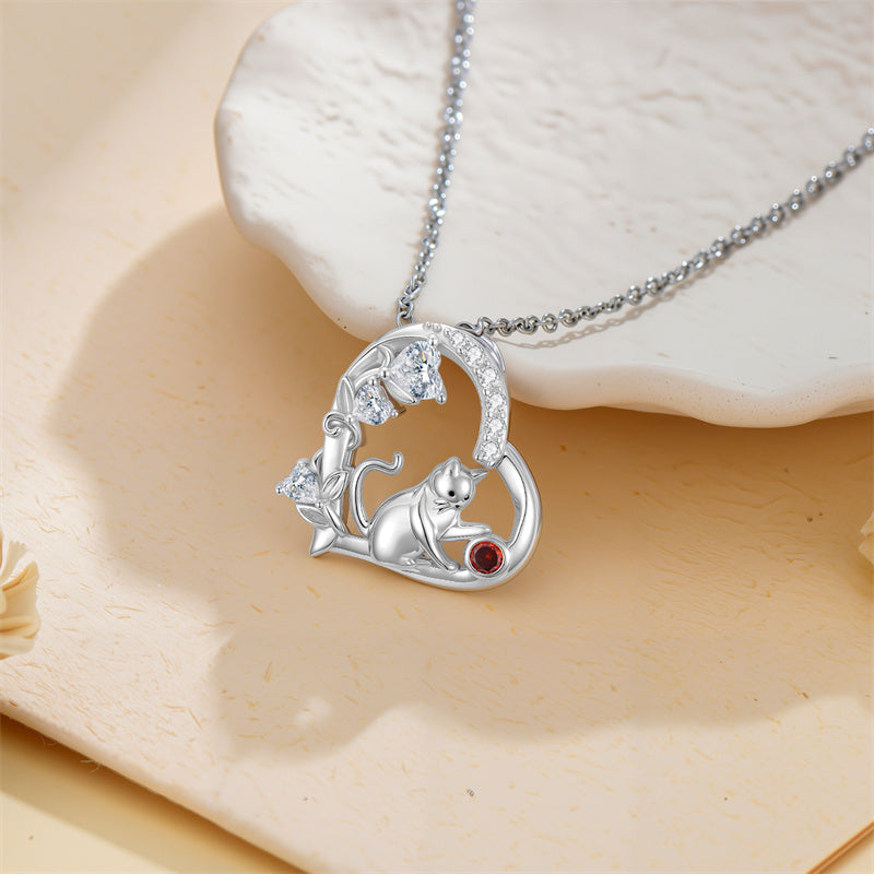 Sterling Silver 12 Month Birthstone Cat Pendant Necklace Gifts for Cat Lovers