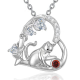 Sterling Silver 12 Month Birthstone Cat Pendant Necklace Gifts for Cat Lovers